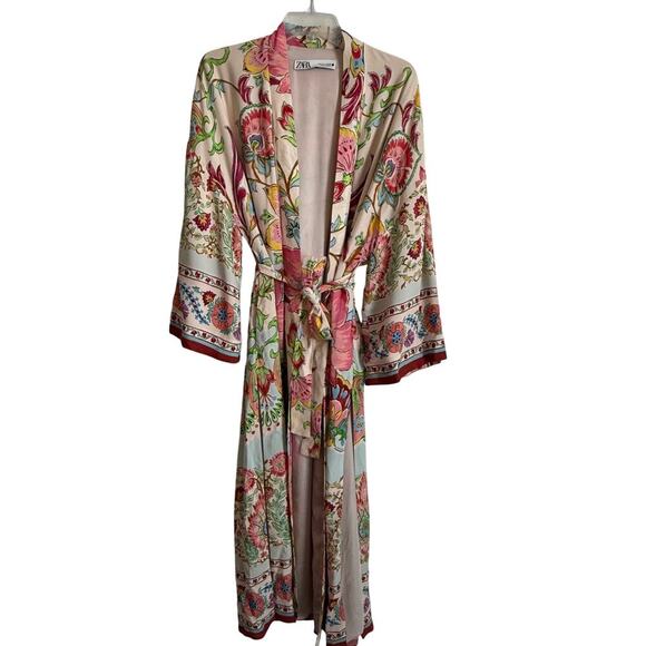 New ZARA Floral Printed Long Kimono Belted Side Slits Fully Lined Size Small S - Picture 4 of 11